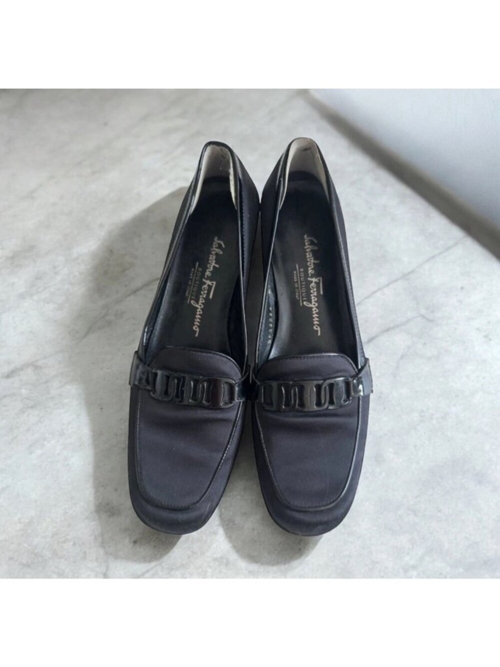 SALVATORE FERRAGAMO Black Fabric Logo Loafers Size 7